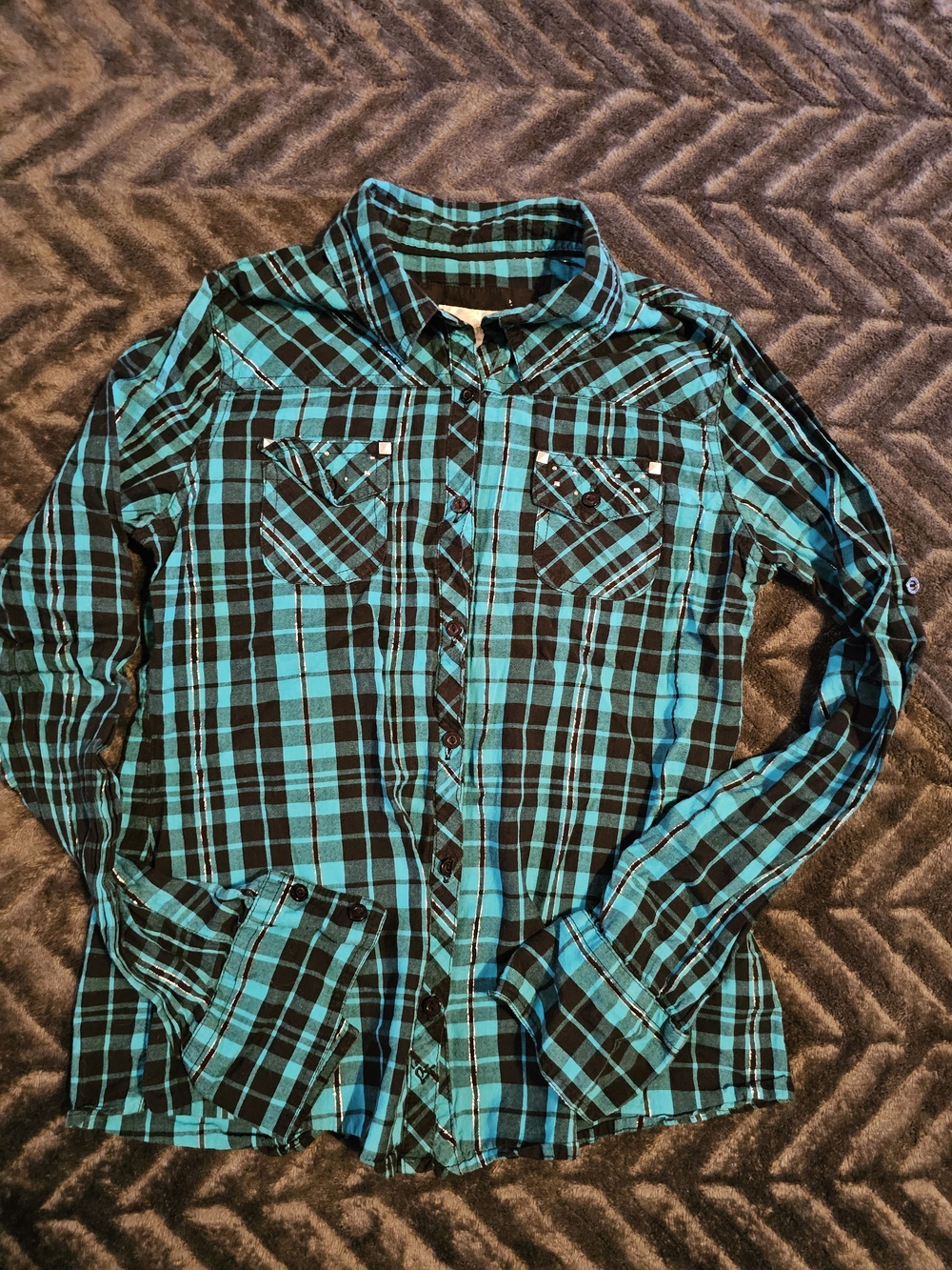 💙🖤 Justice Teal & Black Plaid Button Down Shirt – Girls 16 🖤💙